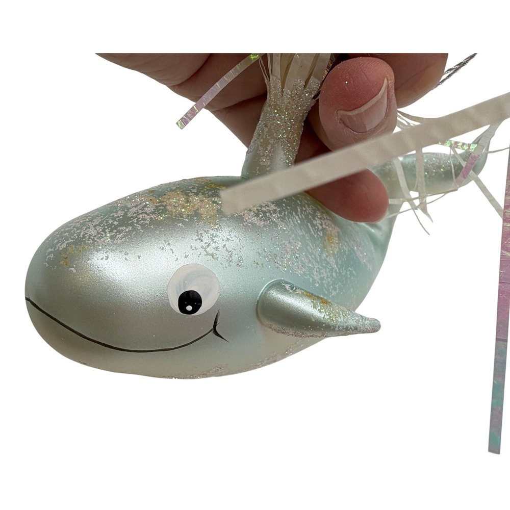 Glass Whale Christmas Ornament Glitter Iridescent Tinsel Spout spray